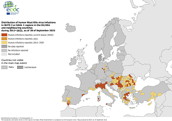 Cas humains d'infections à virus West-Nile en Europe et dans les pays voisins, 2012-2022 (données actualisées au 22/09/2022)